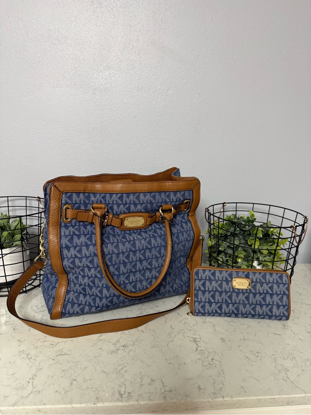 Michael Kors Blue MK Logo Tote with Brown Trim and Matching Wallet